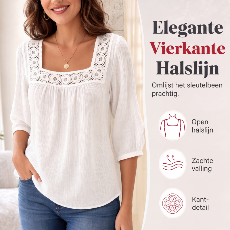 🌸 Nieuwe Collectie 👚 Dames Blouse met Vierkante Hals & Kanten Details – Elegante look, vrouwelijke stijl & comfortabel draaggevoel ✨