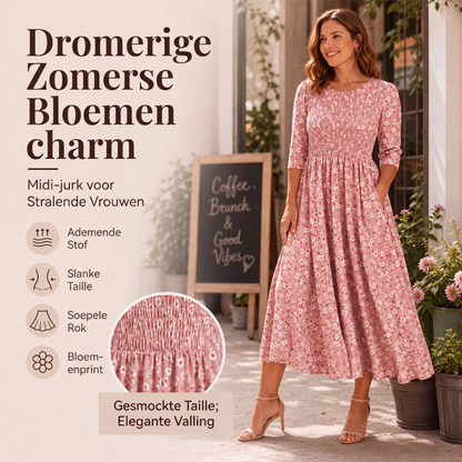 🌸 Nieuwe Collectie 👗 Dames Jurk met Smockdetail & Bloemenprint – Elegante pasvorm, vrouwelijke uitstraling & comfortabel draaggevoel ✨