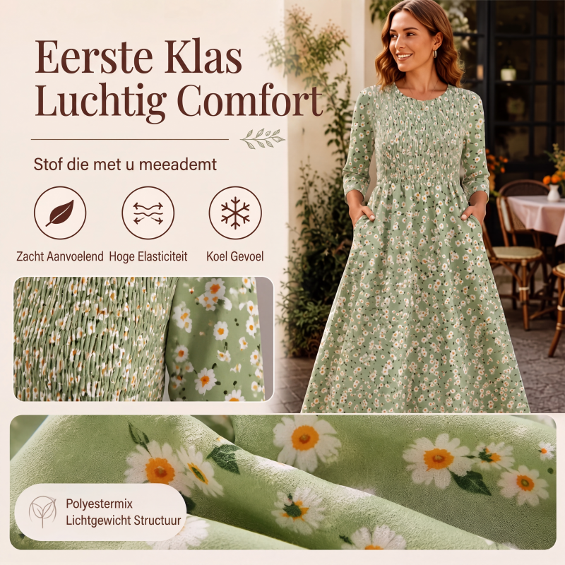 🌸 Nieuwe Collectie 👗 Dames Jurk met Smockdetail & Bloemenprint – Elegante pasvorm, vrouwelijke uitstraling & comfortabel draaggevoel ✨