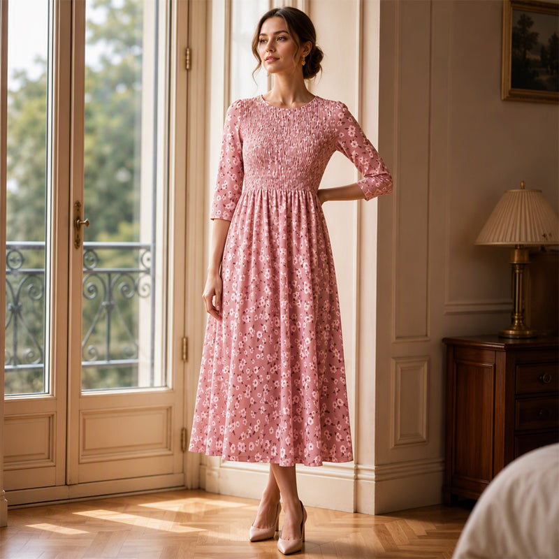🌸 Nieuwe Collectie 👗 Dames Jurk met Smockdetail & Bloemenprint – Elegante pasvorm, vrouwelijke uitstraling & comfortabel draaggevoel ✨