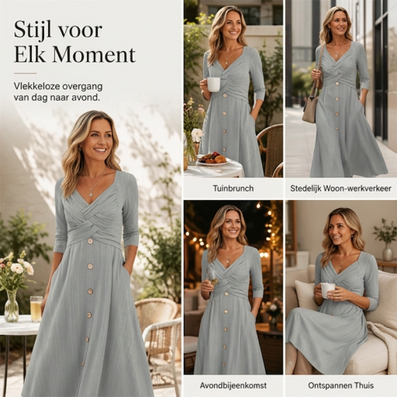 ✨ Nieuw & Trendy 👗 Dames Jurk met Gekruiste V-hals – Elegante wikkelstijl, flatterende pasvorm & dagelijks comfort 🌸