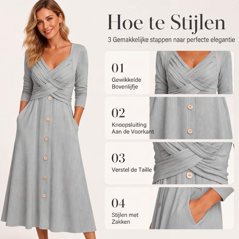 ✨ Nieuw & Trendy 👗 Dames Jurk met Gekruiste V-hals – Elegante wikkelstijl, flatterende pasvorm & dagelijks comfort 🌸