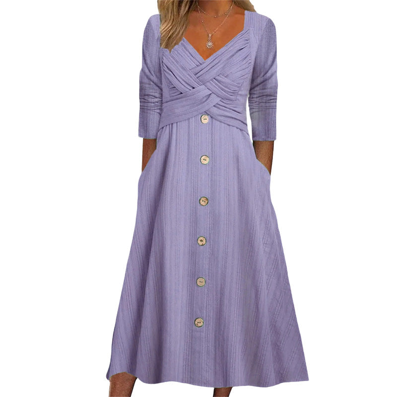 ✨ Nieuw & Trendy 👗 Dames Jurk met Gekruiste V-hals – Elegante wikkelstijl, flatterende pasvorm & dagelijks comfort 🌸