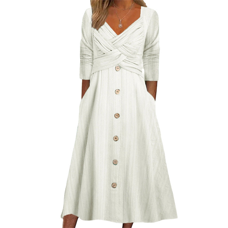 ✨ Nieuw & Trendy 👗 Dames Jurk met Gekruiste V-hals – Elegante wikkelstijl, flatterende pasvorm & dagelijks comfort 🌸