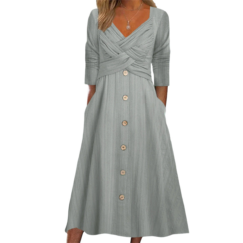 ✨ Nieuw & Trendy 👗 Dames Jurk met Gekruiste V-hals – Elegante wikkelstijl, flatterende pasvorm & dagelijks comfort 🌸
