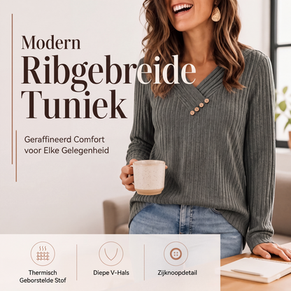 ✨ Nieuwe Collectie 👚 Dames Geribbelde V-Hals Trui met Knopen – Elegante details, zachte stijl & comfortabele pasvorm 🌸