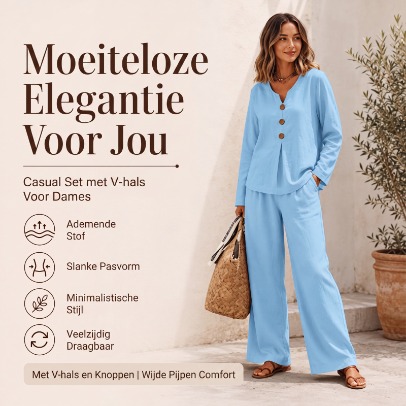 👖🤍✨Dames set met V-hals top met lange mouwen en wijde pijpen broek
