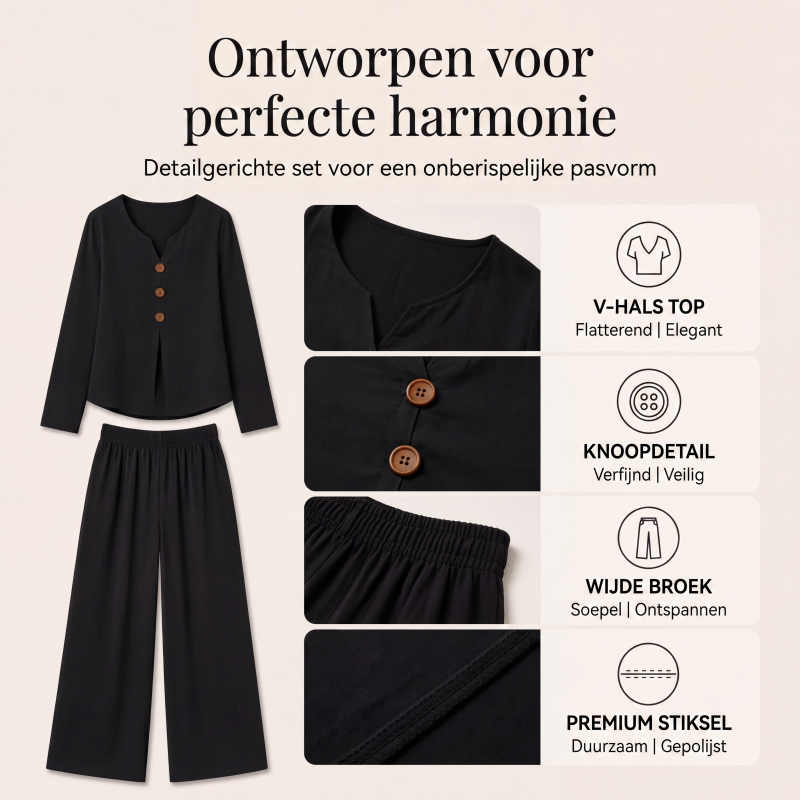 👖🤍✨Dames set met V-hals top met lange mouwen en wijde pijpen broek