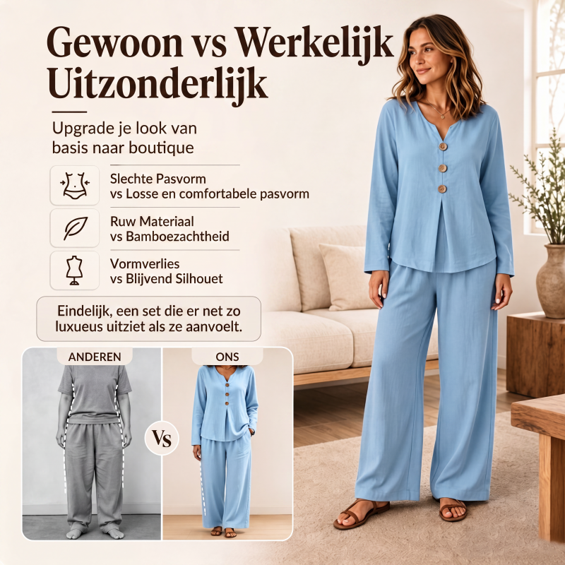 👖🤍✨Dames set met V-hals top met lange mouwen en wijde pijpen broek