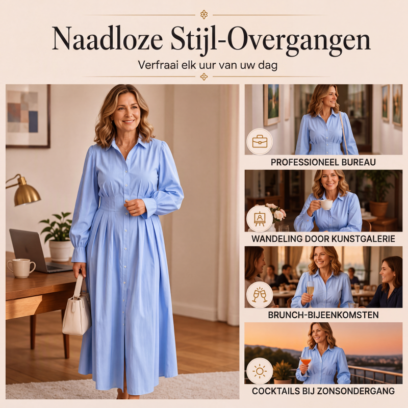 👗✨Dames overhemdjurk met geplooide taille en lange mouwen