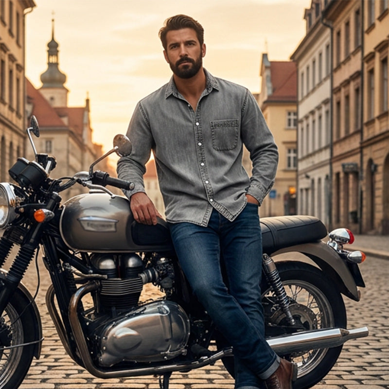 👕Herenshirt van retro gewassen denim