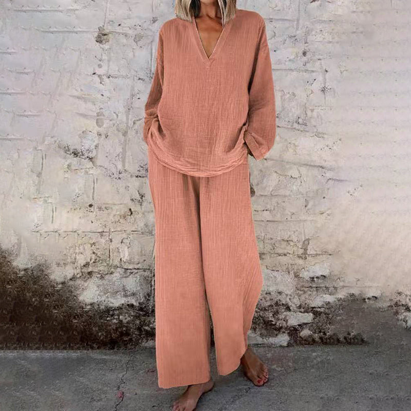 🔥 Nieuw Binnen – 50% KORTING! 👗 Casual Effen Kleur Set met V-Hals Top & Wijde Pijpen Broek – Comfortabel & Elegant ✨