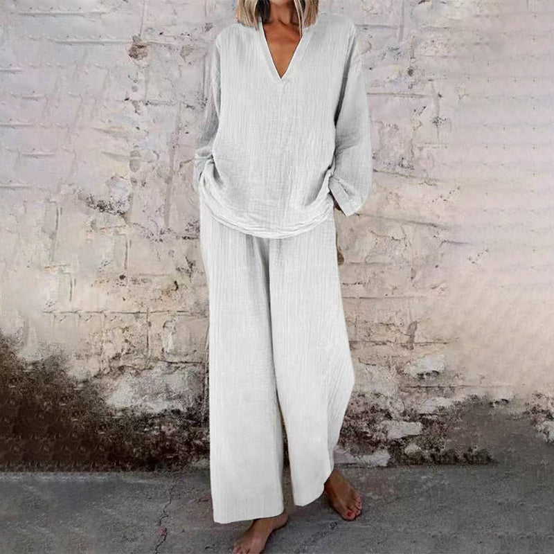 🔥 Nieuw Binnen – 50% KORTING! 👗 Casual Effen Kleur Set met V-Hals Top & Wijde Pijpen Broek – Comfortabel & Elegant ✨