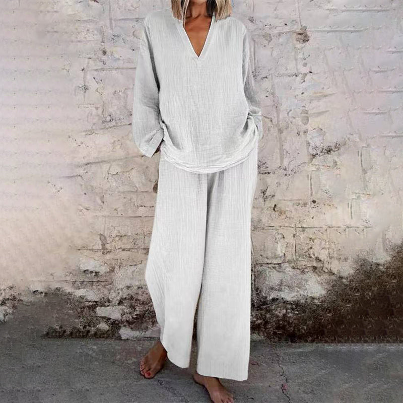 🔥 Nieuw Binnen – 50% KORTING! 👗 Casual Effen Kleur Set met V-Hals Top & Wijde Pijpen Broek – Comfortabel & Elegant ✨