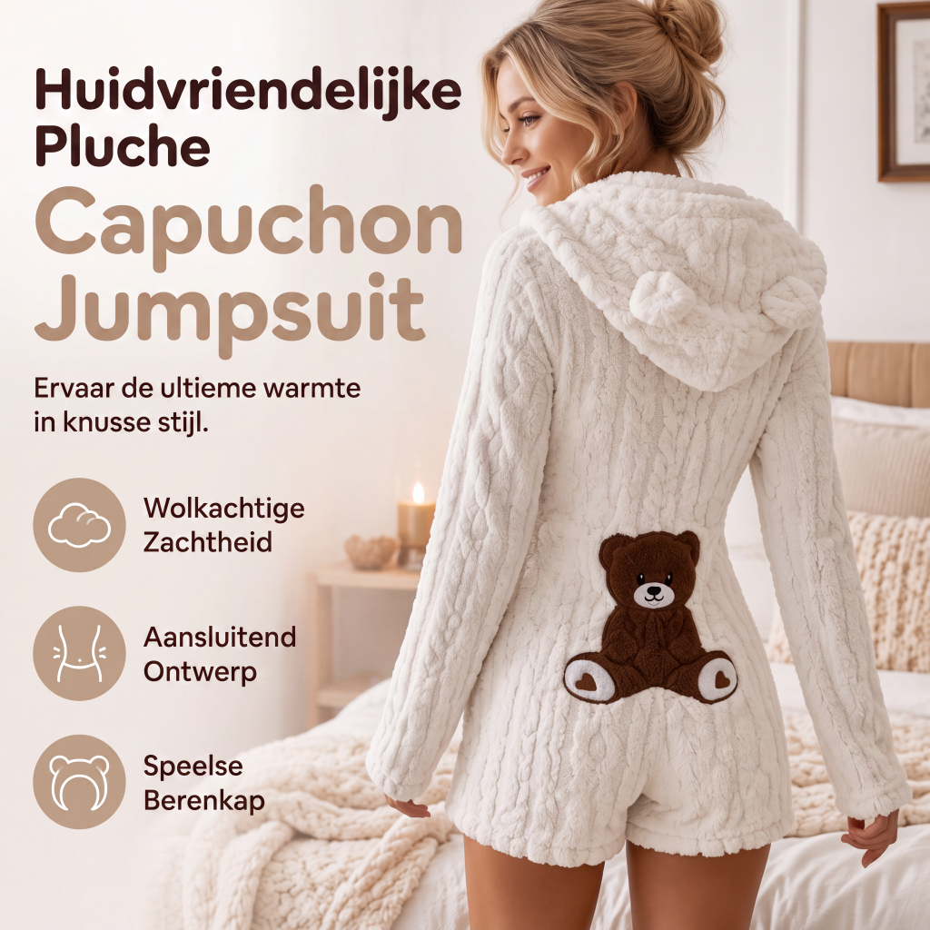Dames pluchen jumpsuit met capuchon en lange mouwen