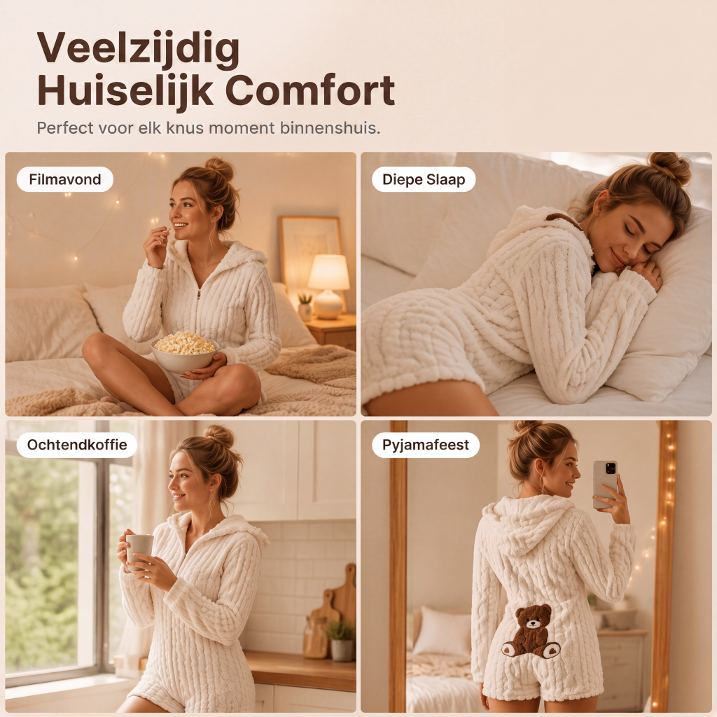 Dames pluchen jumpsuit met capuchon en lange mouwen