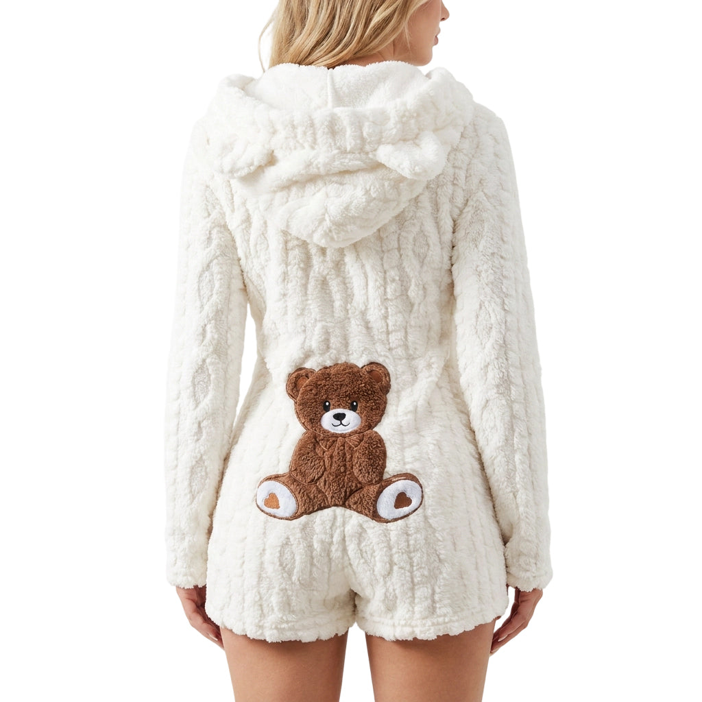Dames pluchen jumpsuit met capuchon en lange mouwen