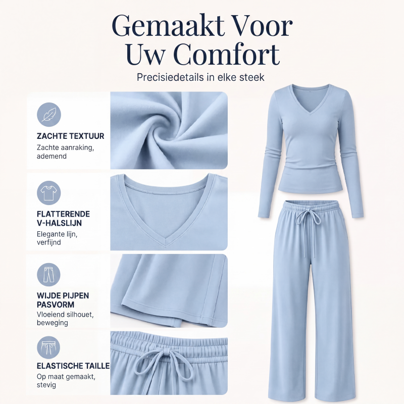 Dames set met V-hals lange mouwen top en wijde pijpen broek