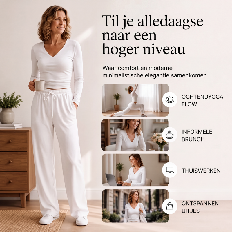Dames set met V-hals lange mouwen top en wijde pijpen broek