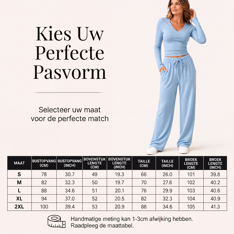 Dames set met V-hals lange mouwen top en wijde pijpen broek