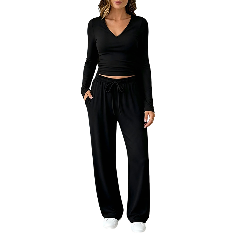Dames set met V-hals lange mouwen top en wijde pijpen broek