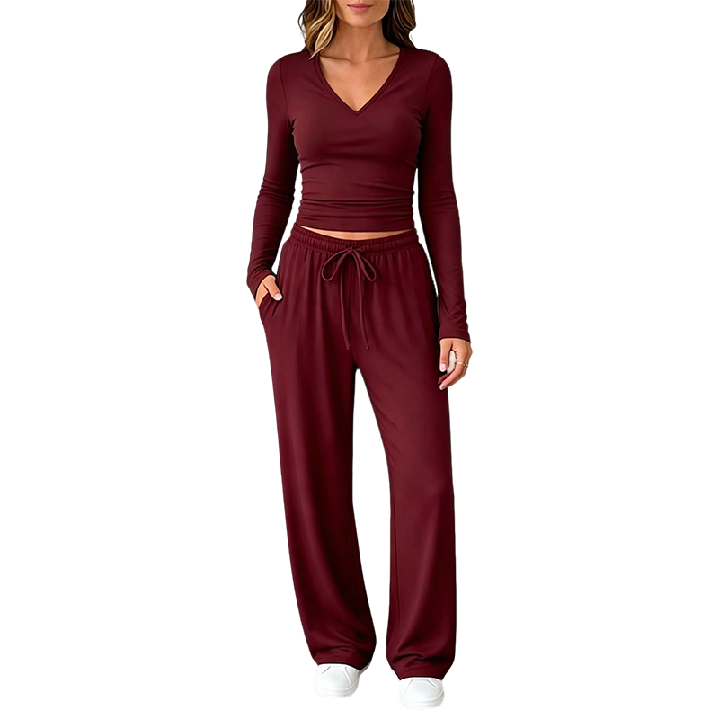 Dames set met V-hals lange mouwen top en wijde pijpen broek