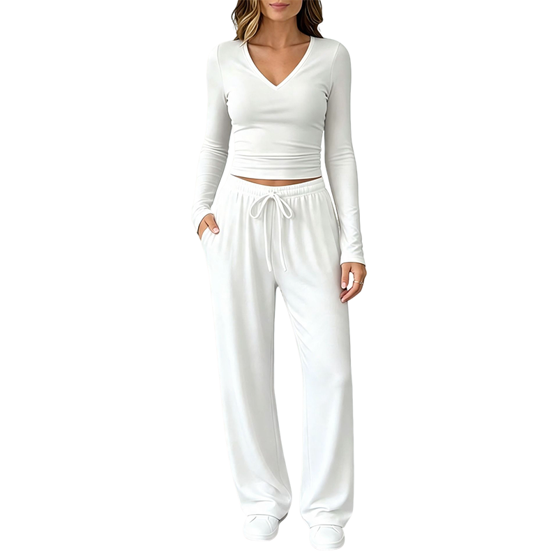 Dames set met V-hals lange mouwen top en wijde pijpen broek