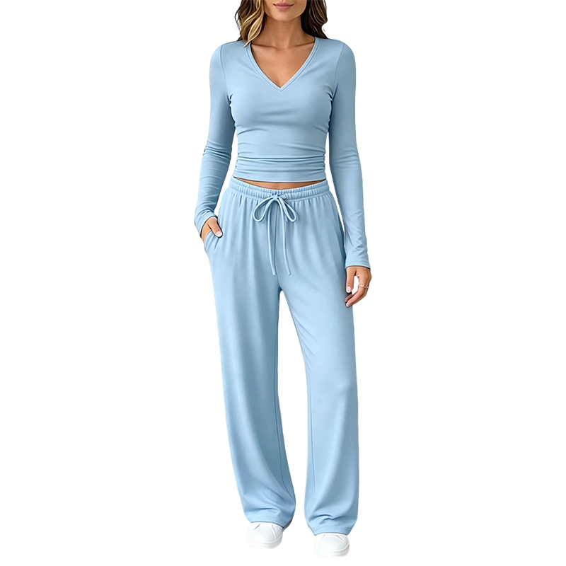 Dames set met V-hals lange mouwen top en wijde pijpen broek