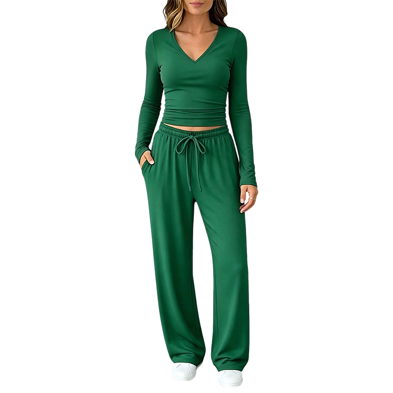 Dames set met V-hals lange mouwen top en wijde pijpen broek
