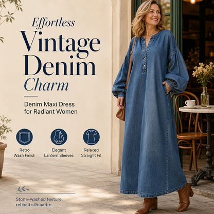 🔥Gratis verzending✈️ Lange maxi-jeansjurk met lanternaarmpjes voor dames