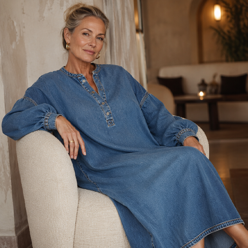 🔥Gratis verzending✈️ Lange maxi-jeansjurk met lanternaarmpjes voor dames