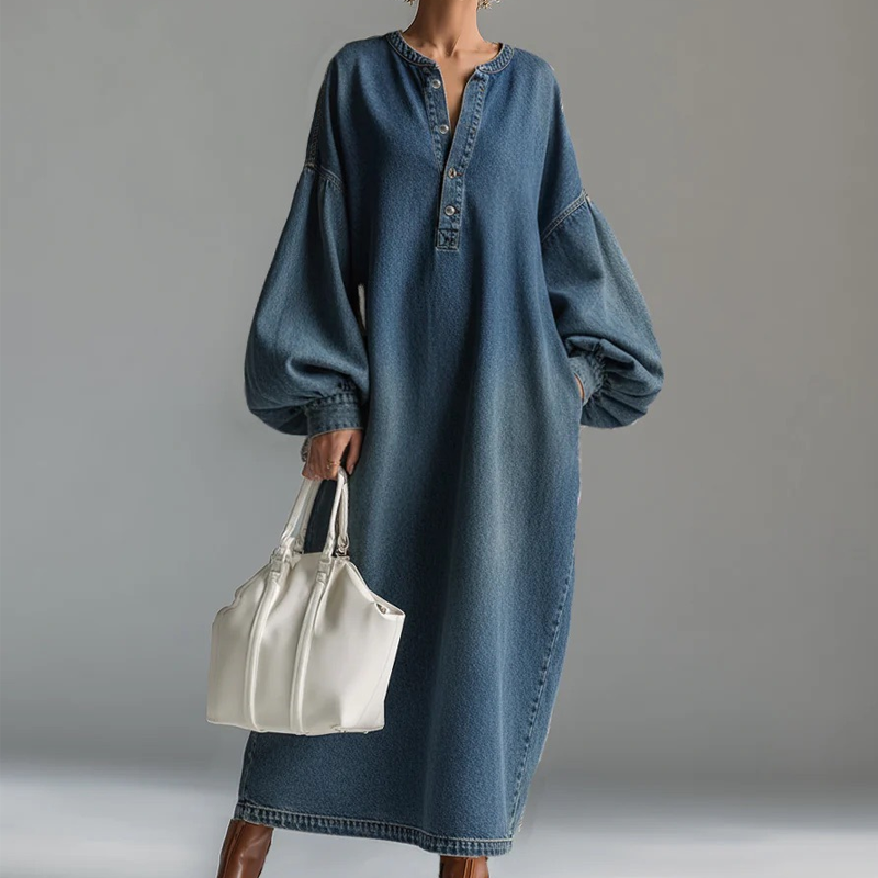 🔥Gratis verzending✈️ Lange maxi-jeansjurk met lanternaarmpjes voor dames