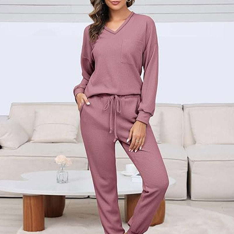 ✨ Nieuwe Collectie 🌸 Dames Wafelstof Loungewear Set met V-Hals 👗 Comfortabel Thuis & Stijlvol Buiten