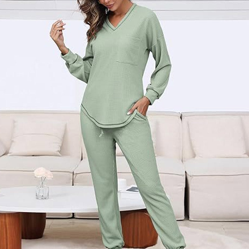 ✨ Nieuwe Collectie 🌸 Dames Wafelstof Loungewear Set met V-Hals 👗 Comfortabel Thuis & Stijlvol Buiten