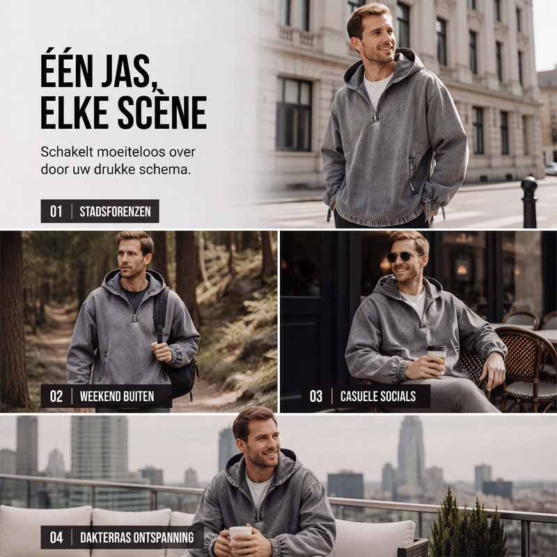 ✨🧥Heren Vintage Gewassen Hoodie met Halve Rits