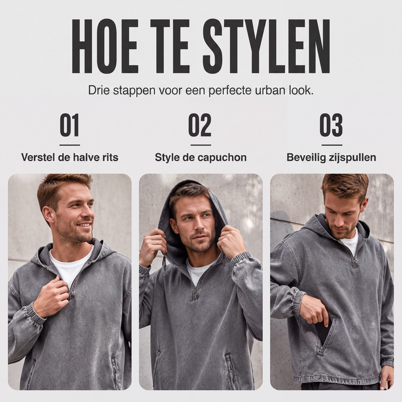 ✨🧥Heren Vintage Gewassen Hoodie met Halve Rits