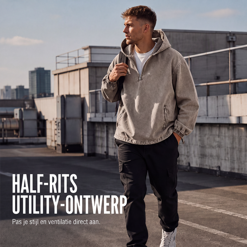 ✨🧥Heren Vintage Gewassen Hoodie met Halve Rits