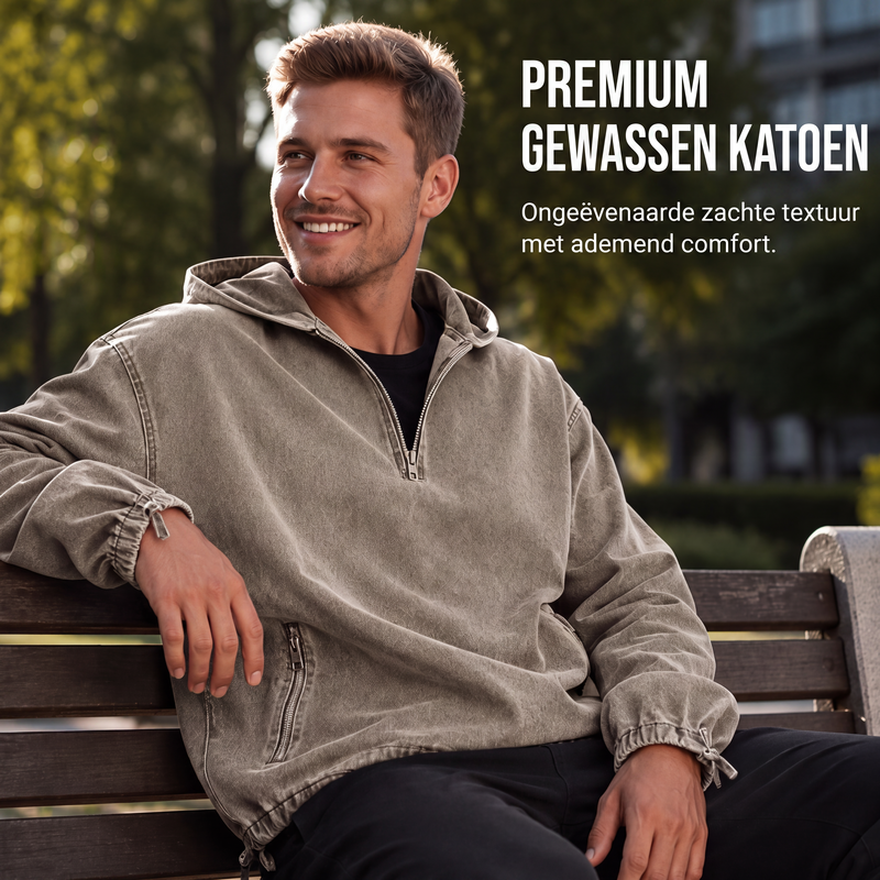 ✨🧥Heren Vintage Gewassen Hoodie met Halve Rits