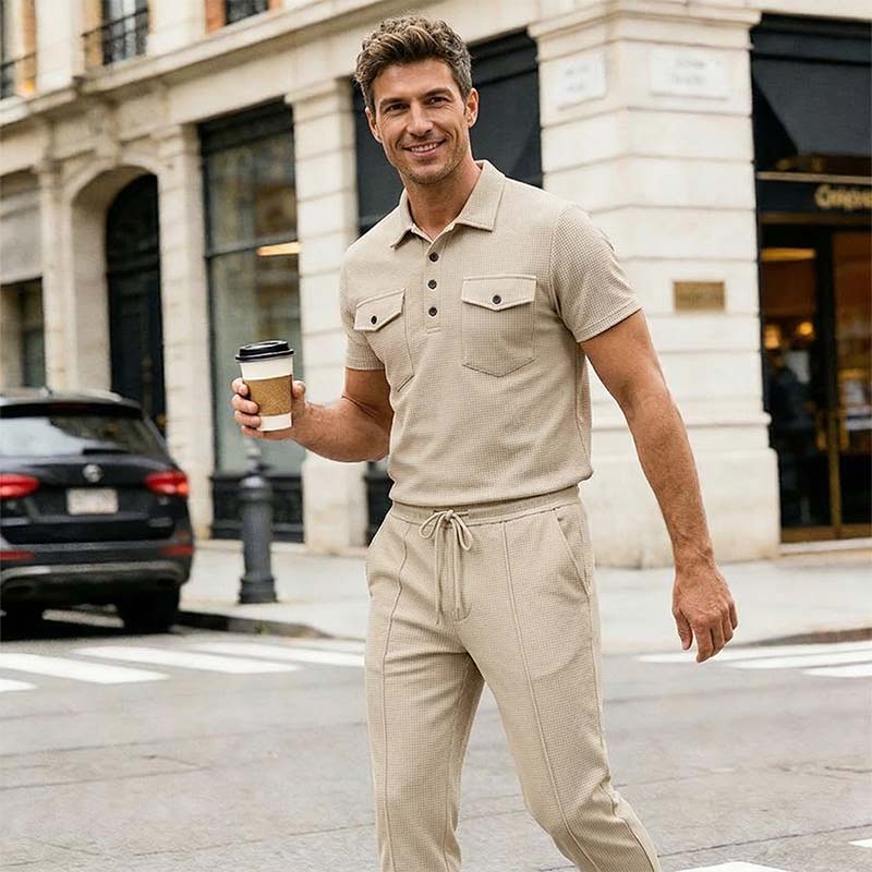 🔥Gratis verzending✈️Herenset van wafeltjesgebreide kleding: top met korte mouwen en broek