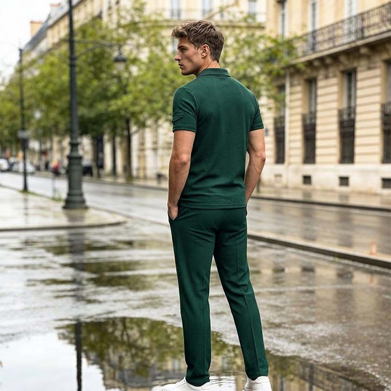 🔥Gratis verzending✈️Herenset van wafeltjesgebreide kleding: top met korte mouwen en broek