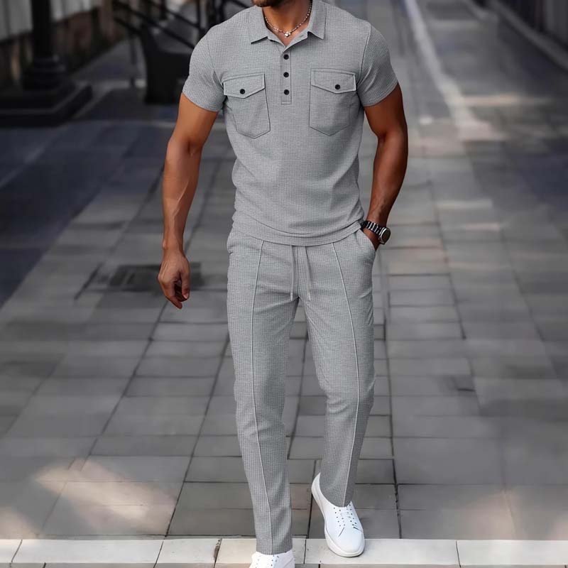 🔥Gratis verzending✈️Herenset van wafeltjesgebreide kleding: top met korte mouwen en broek