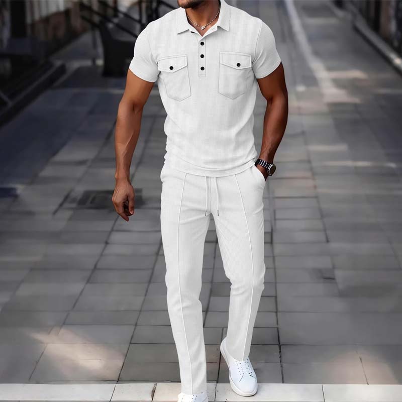 🔥Gratis verzending✈️Herenset van wafeltjesgebreide kleding: top met korte mouwen en broek
