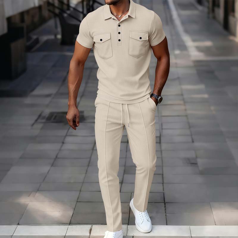 🔥Gratis verzending✈️Herenset van wafeltjesgebreide kleding: top met korte mouwen en broek