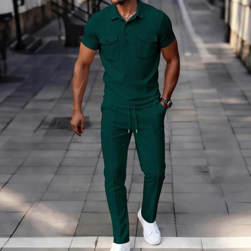 🔥Gratis verzending✈️Herenset van wafeltjesgebreide kleding: top met korte mouwen en broek