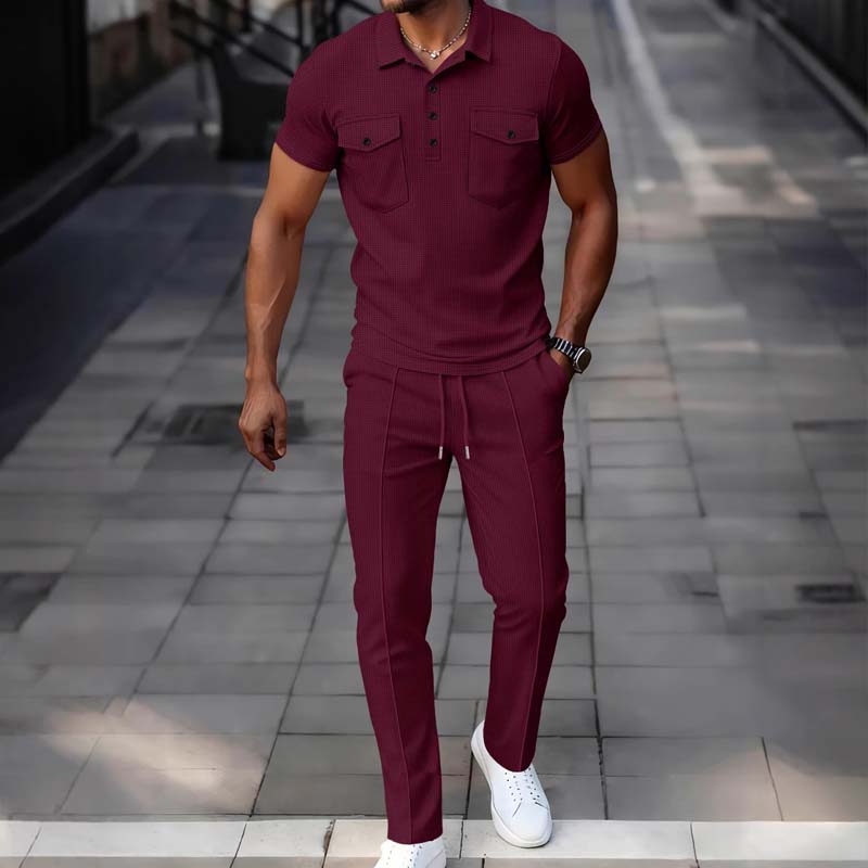 🔥Gratis verzending✈️Herenset van wafeltjesgebreide kleding: top met korte mouwen en broek