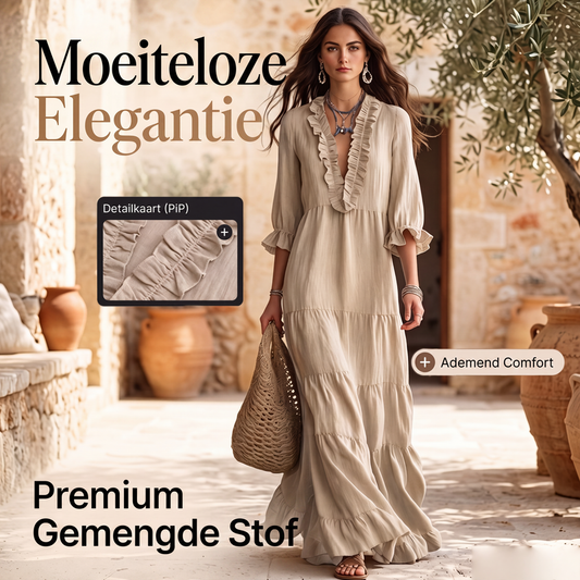 🌸 Nieuwe Collectie ✨ Dames Maxi Jurk met Ruches – V-Hals & Gelaagd Design voor een Elegante Look 👗