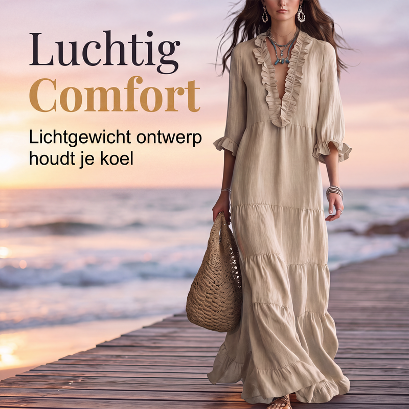 🌸 Nieuwe Collectie ✨ Dames Maxi Jurk met Ruches – V-Hals & Gelaagd Design voor een Elegante Look 👗