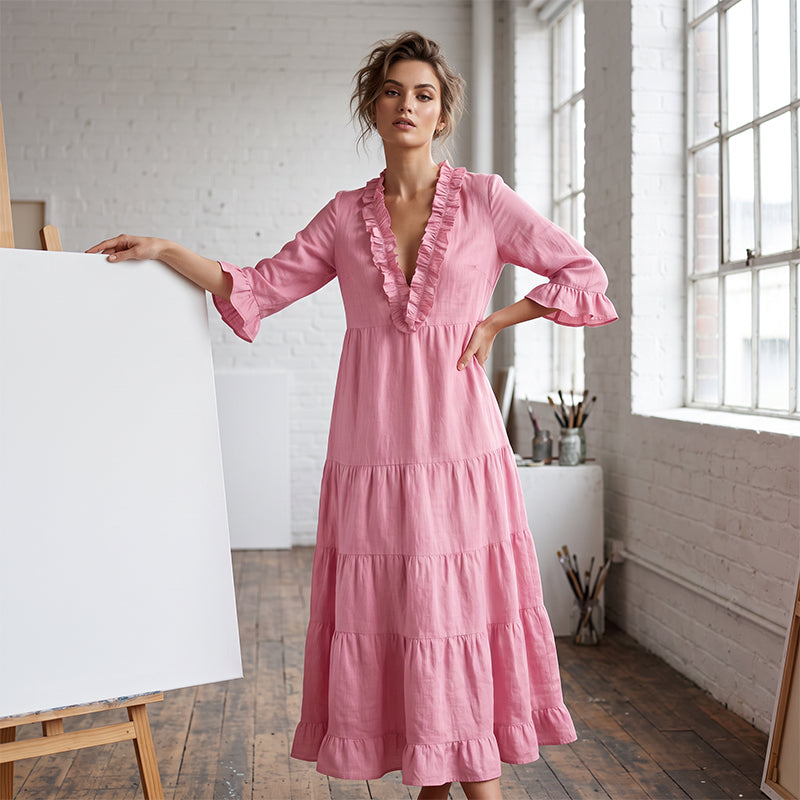 🌸 Nieuwe Collectie ✨ Dames Maxi Jurk met Ruches – V-Hals & Gelaagd Design voor een Elegante Look 👗