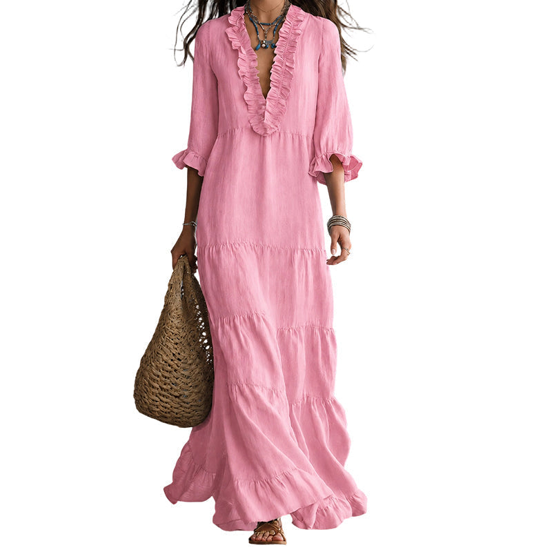 🌸 Nieuwe Collectie ✨ Dames Maxi Jurk met Ruches – V-Hals & Gelaagd Design voor een Elegante Look 👗