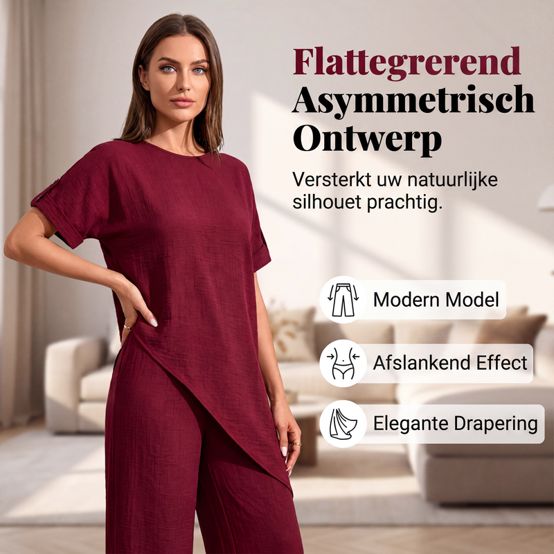 Set van top met asymmetrische zoom en wijde pijpen broek